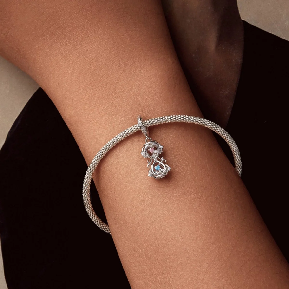 Heart-Shaped Hourglass with Pink & Blue Cubic Zirconia Dangle Charm