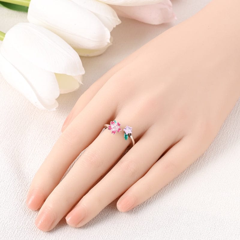 Blooming Pink Flower and Star Crystal Ring