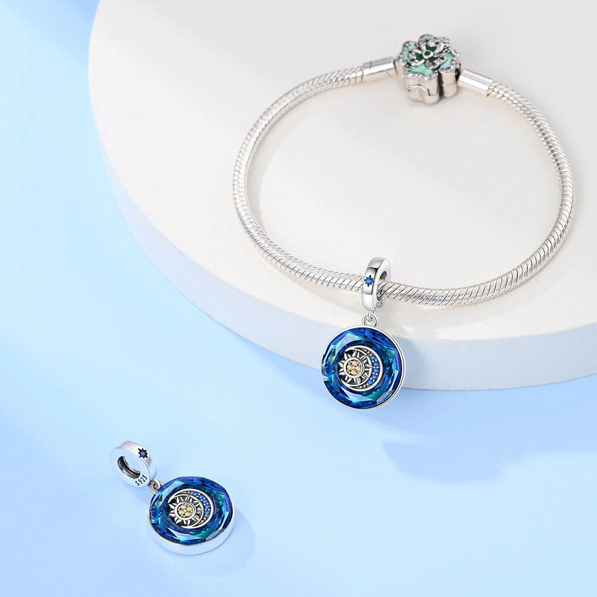 Sapphire Blue Crystal Charm with Sun & Moon Accent