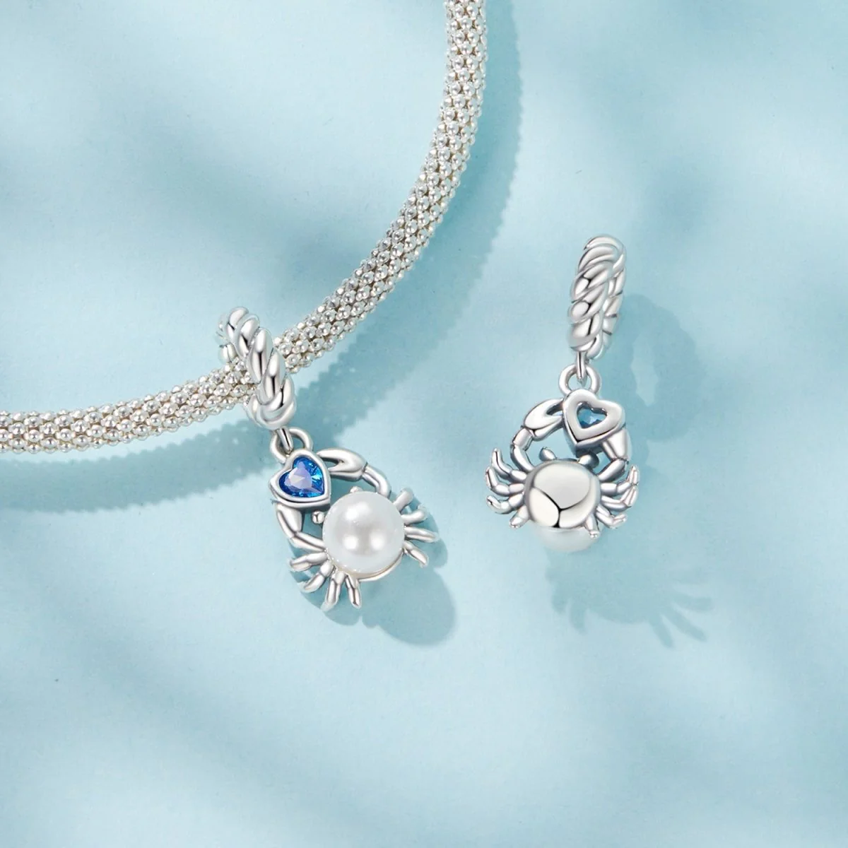 Crab with Pearl & Blue Heart Dangle Charm