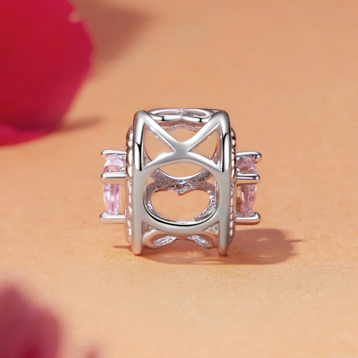 Intertwined Rose Gold & Silver Heart with Pink Crystal Heart Charm