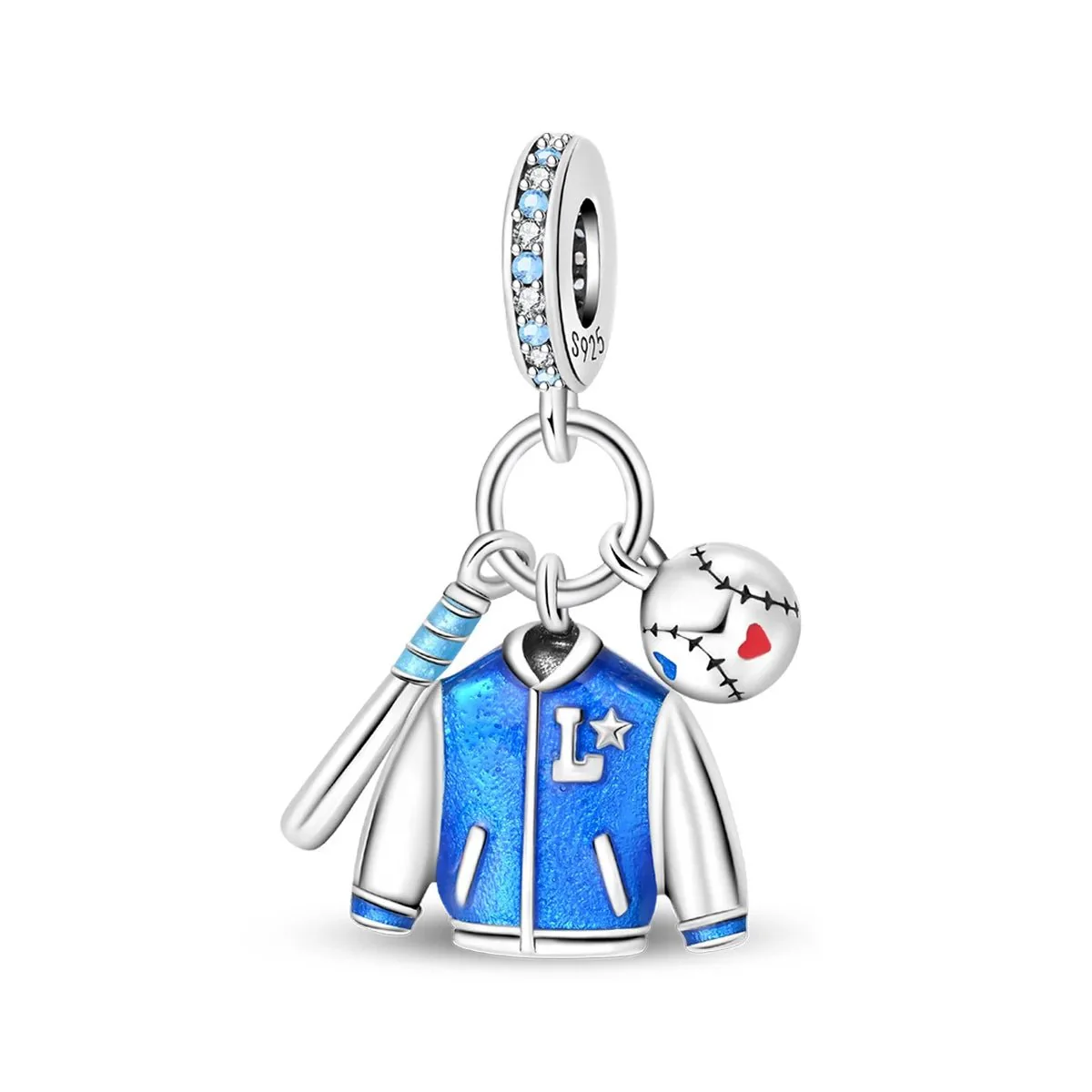 Blue Baseball Jacket, Bat & Ball Dangle Charm