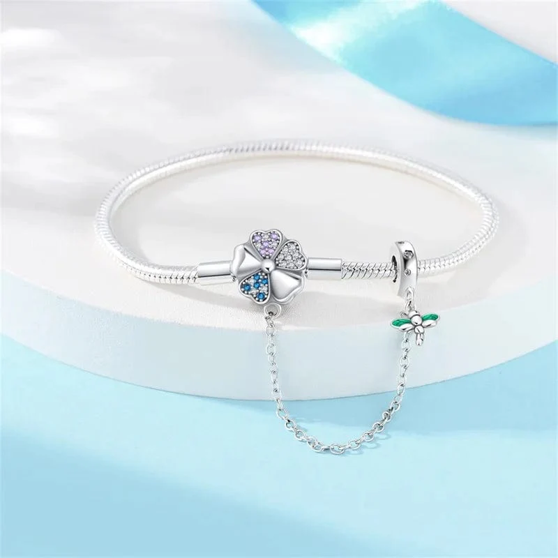 Clover and Dragonfly Charm Bracelet with Safety Chain
