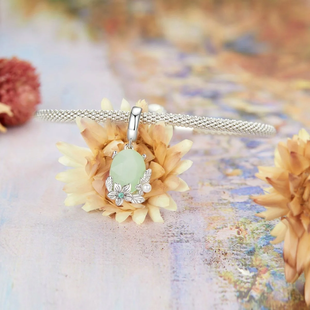 Green Gem & Floral Dangle Charm