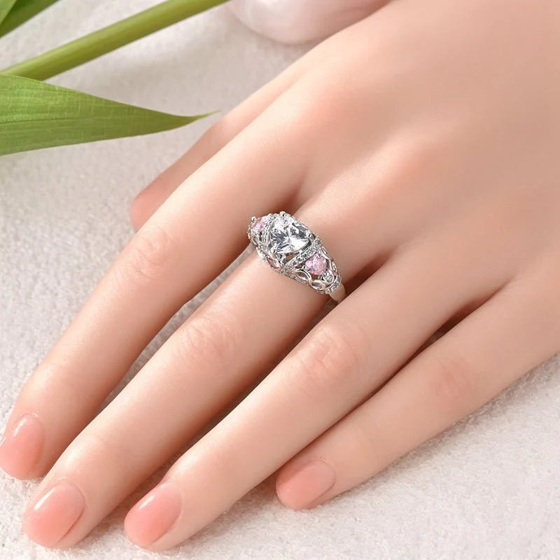 Sparkling Crown Ring with Pink and Clear Heart-Shaped Stones