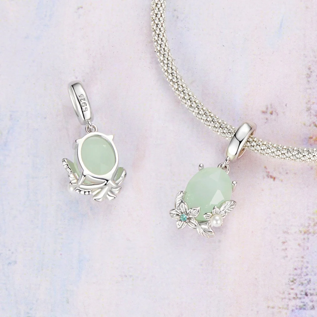 Green Gem & Floral Dangle Charm