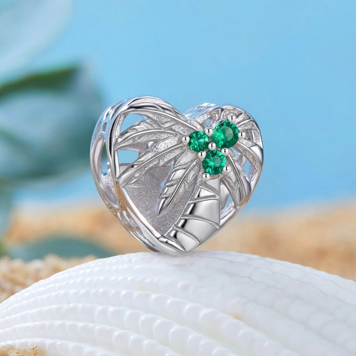 Heart-Shaped Palm Tree & Green Crystal Charm