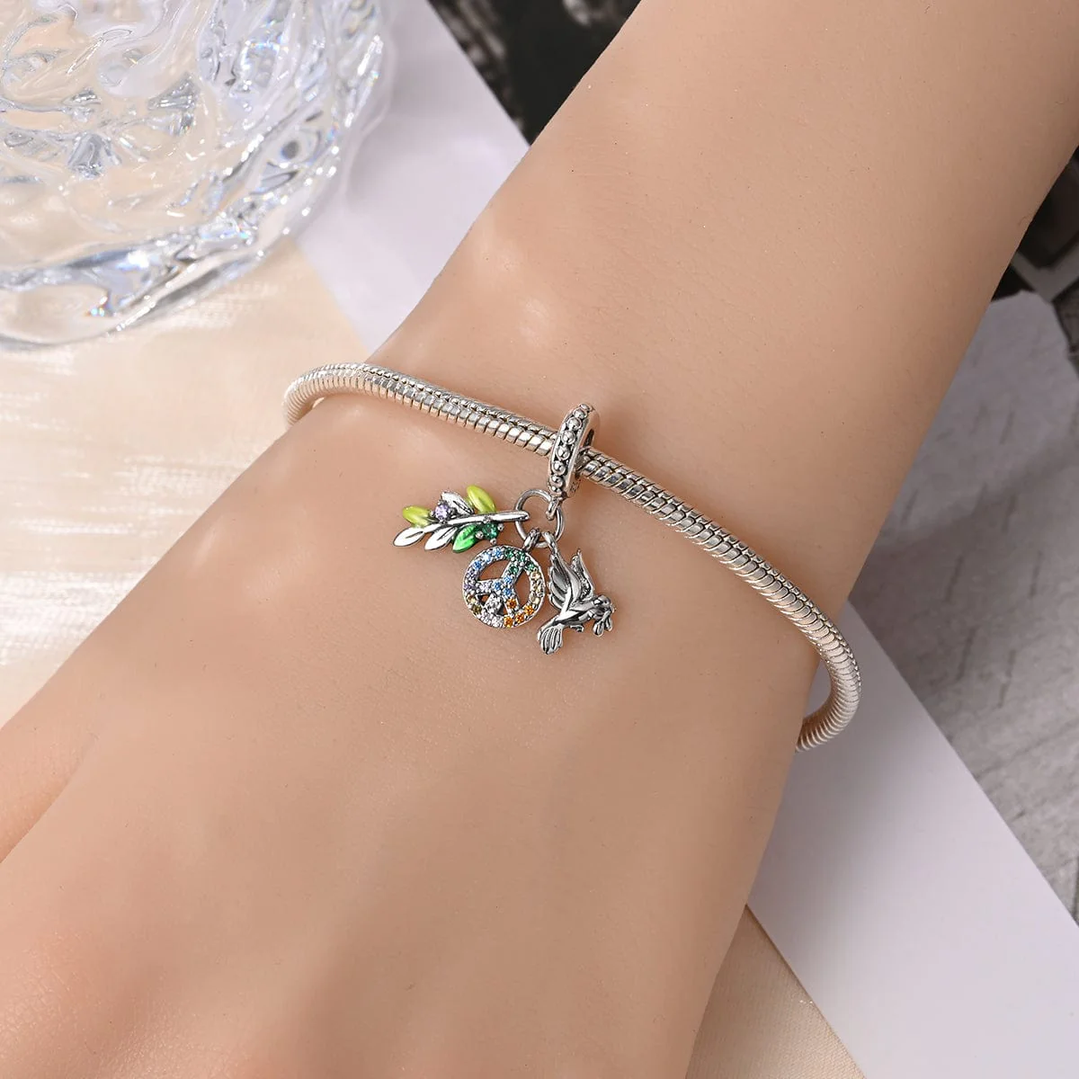 Rainbow Peace Sign with Dove and Olive Branch Charm