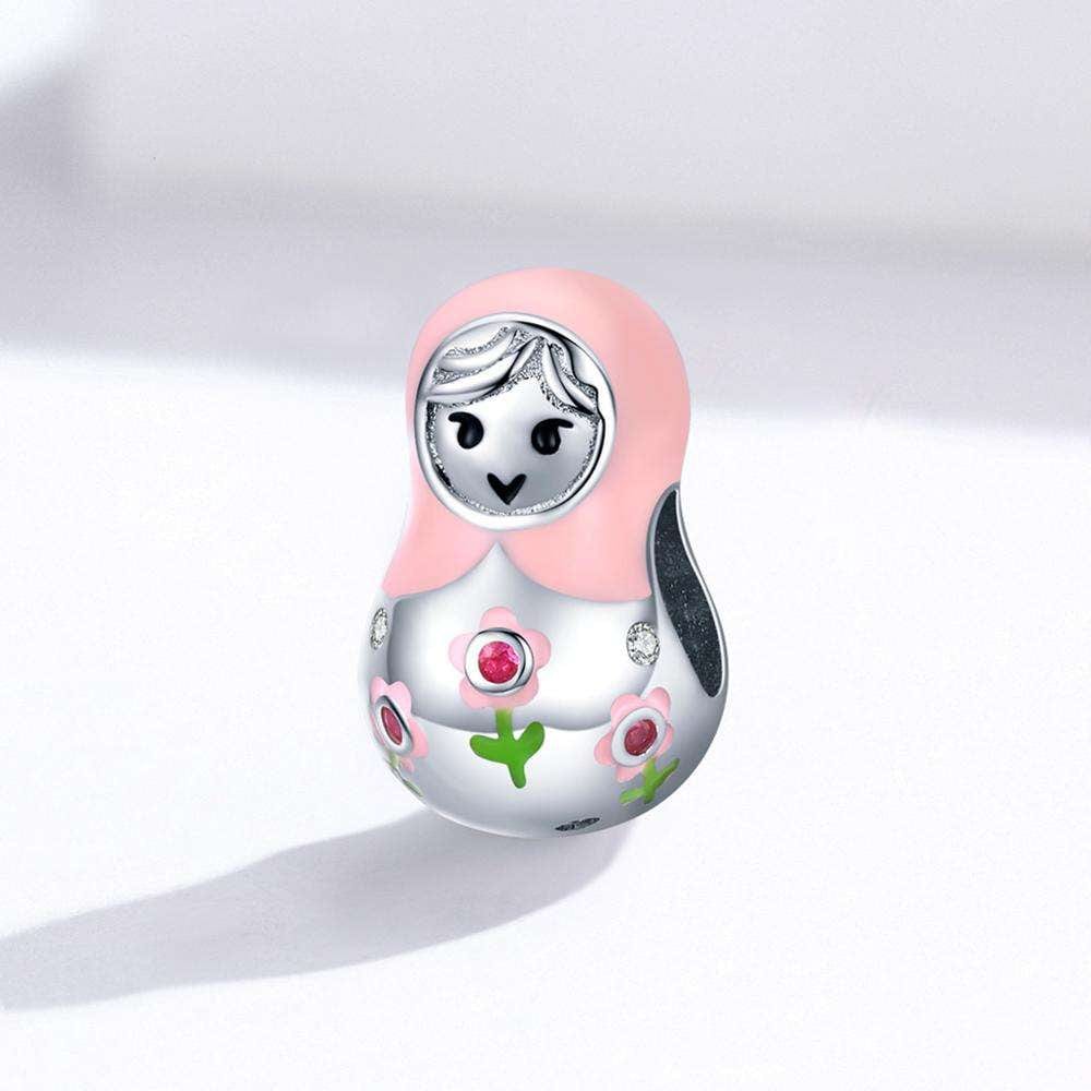 Pink Matryoshka Doll with Floral Crystal Accents Charm