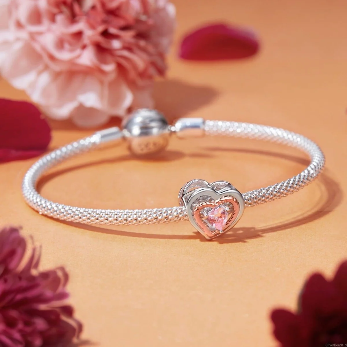Intertwined Rose Gold & Silver Heart with Pink Crystal Heart Charm