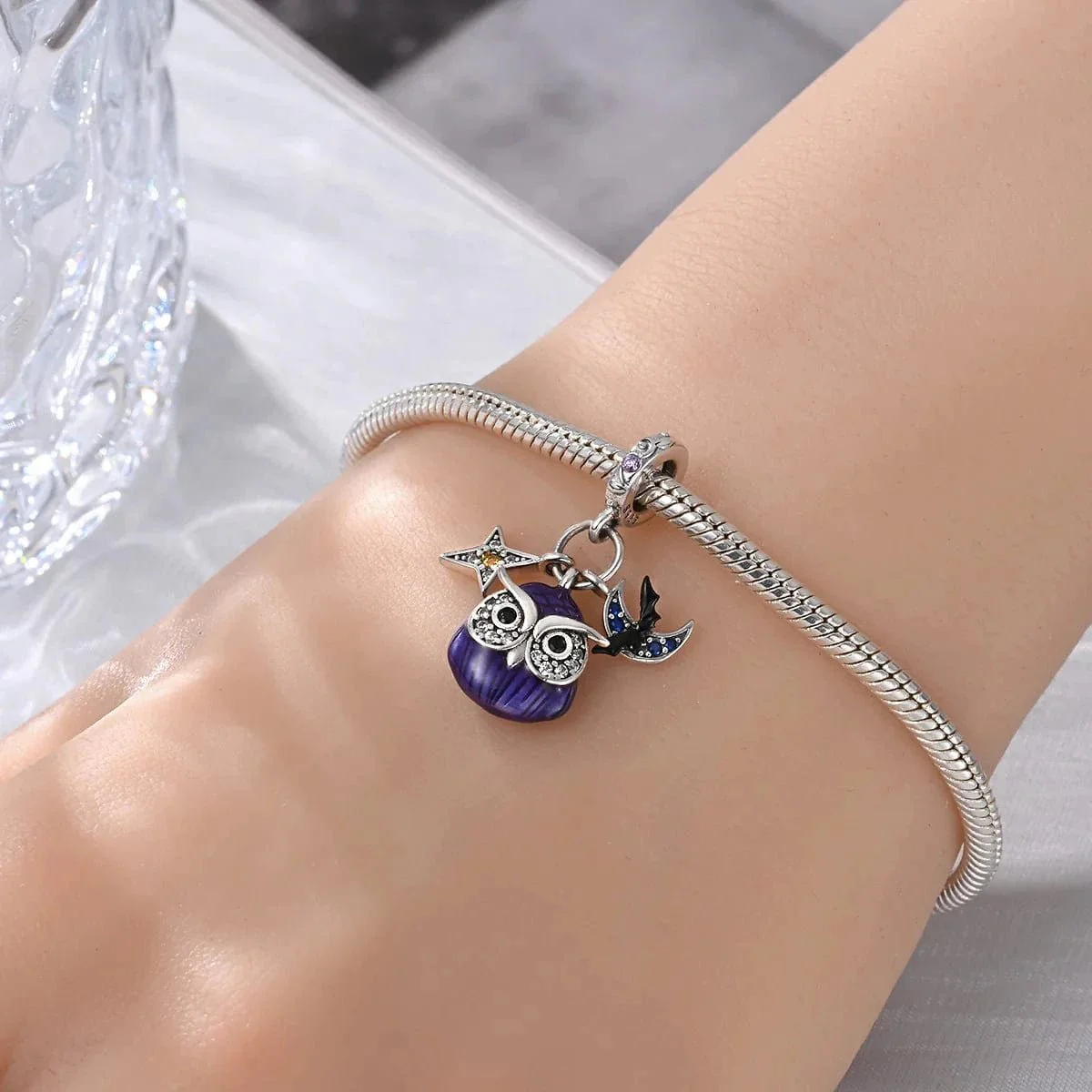 Luminous Owl Charm with Star & Bat Accents