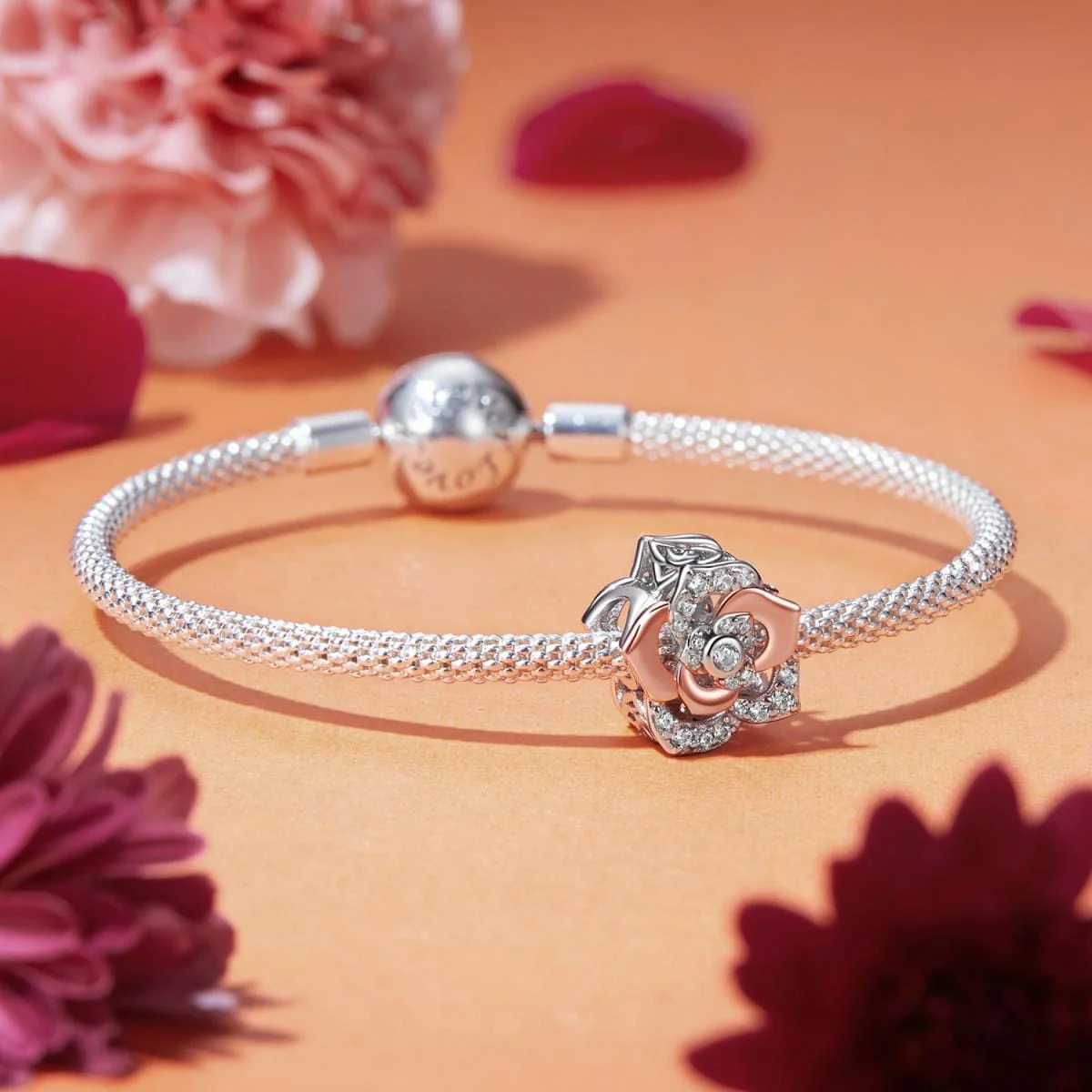 Elegant Rose Gold Bloom with Sparkling Crystal Petals Charm