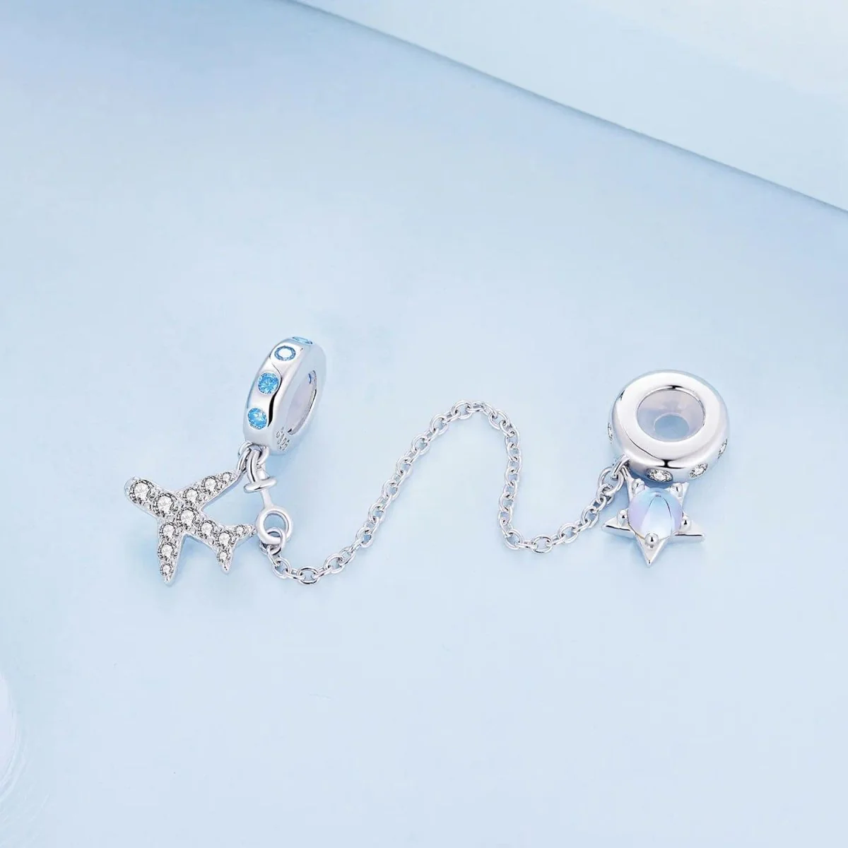 Celestial Star & Airplane with Blue Zircon Accents Safety Chain Charm