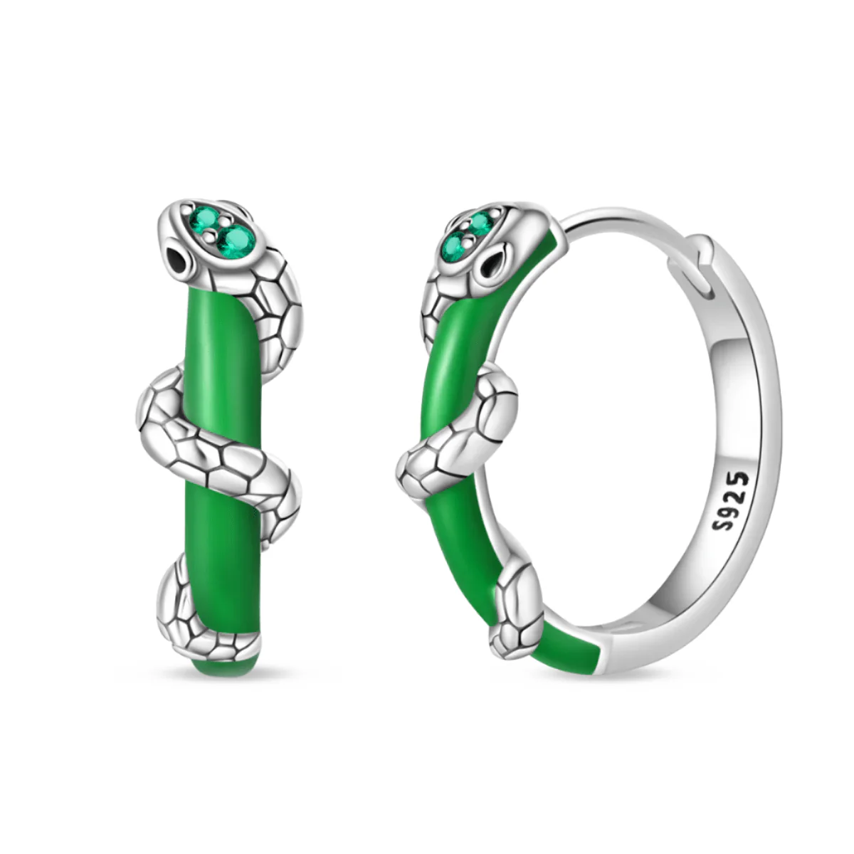 Green Enamel Snake Hoop Earrings