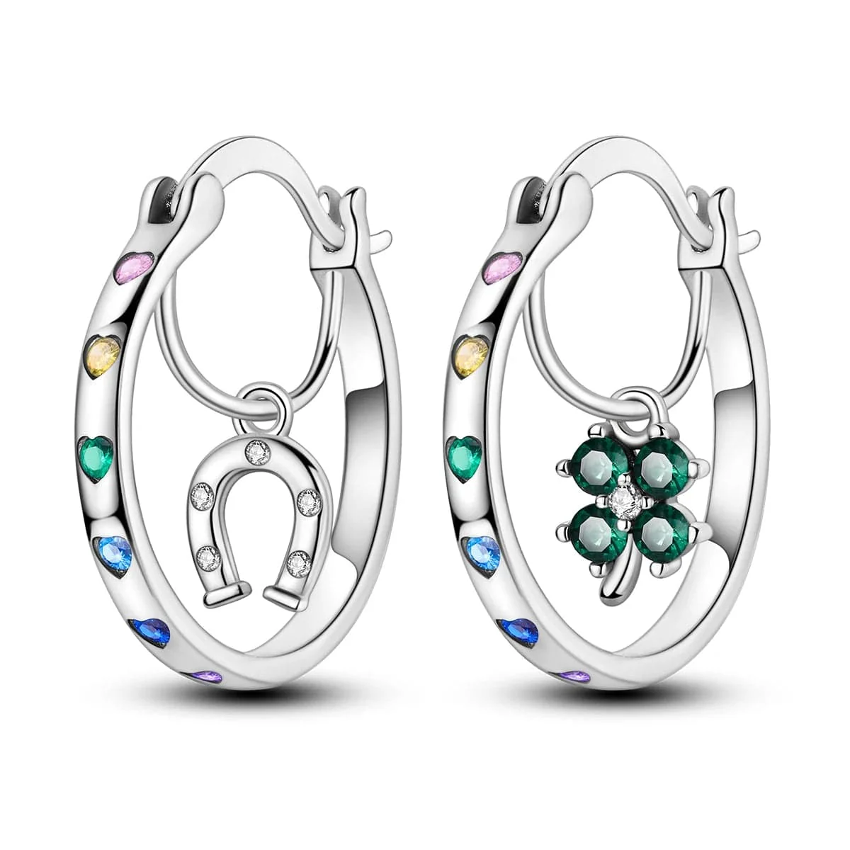 Lucky Horseshoe & Clover Hoop Earrings with Multicolored Heart Accents