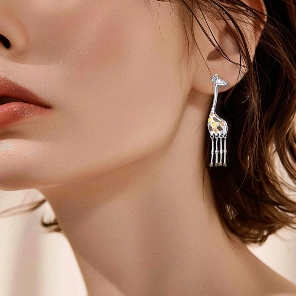 Giraffe Drop Earrings with Enamel Details
