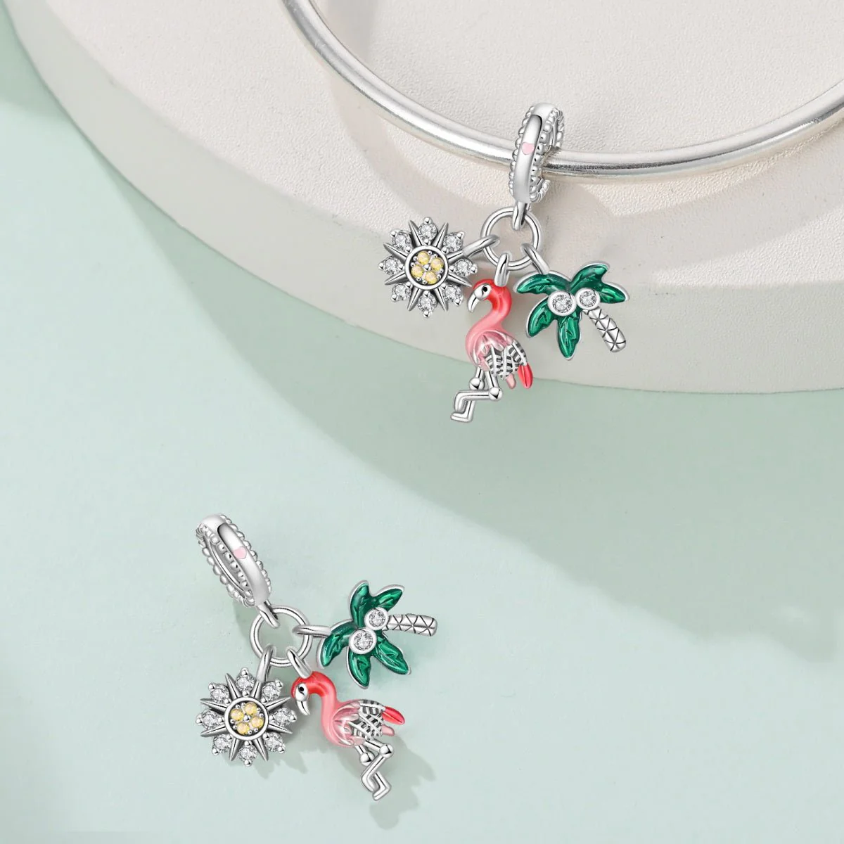 Flamingo, Palm Tree & Sunflower Triple Dangle Charm