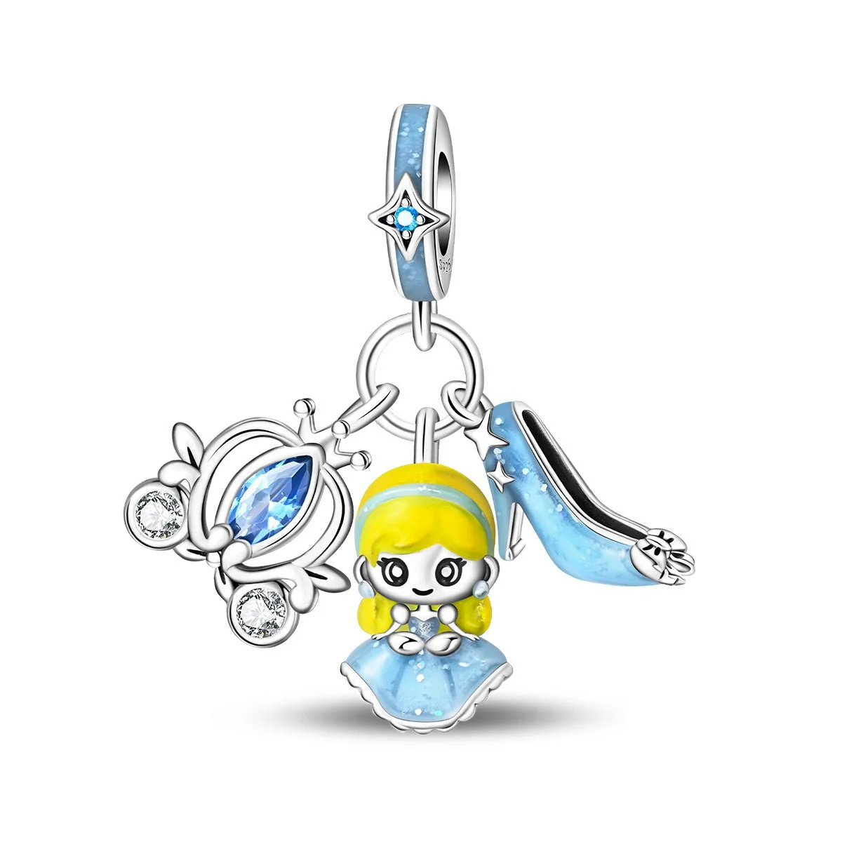 Cinderella with Blue Dress, Glass Slipper, & Carriage Dangle Charm
