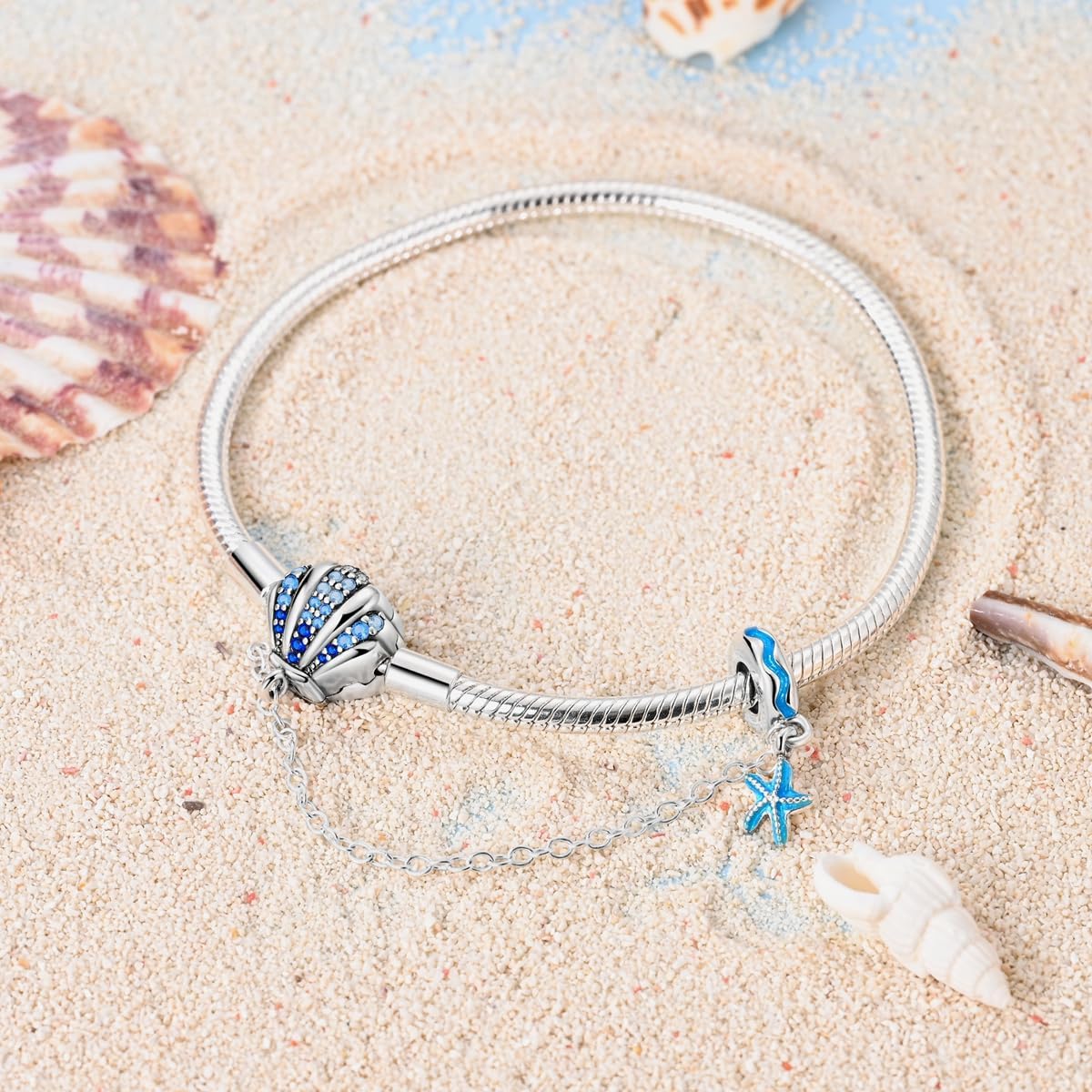 Ocean-Themed Bracelet with Blue Crystal Seashell and Starfish Charms
