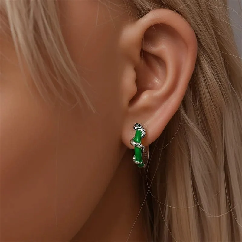 Green Enamel Snake Hoop Earrings