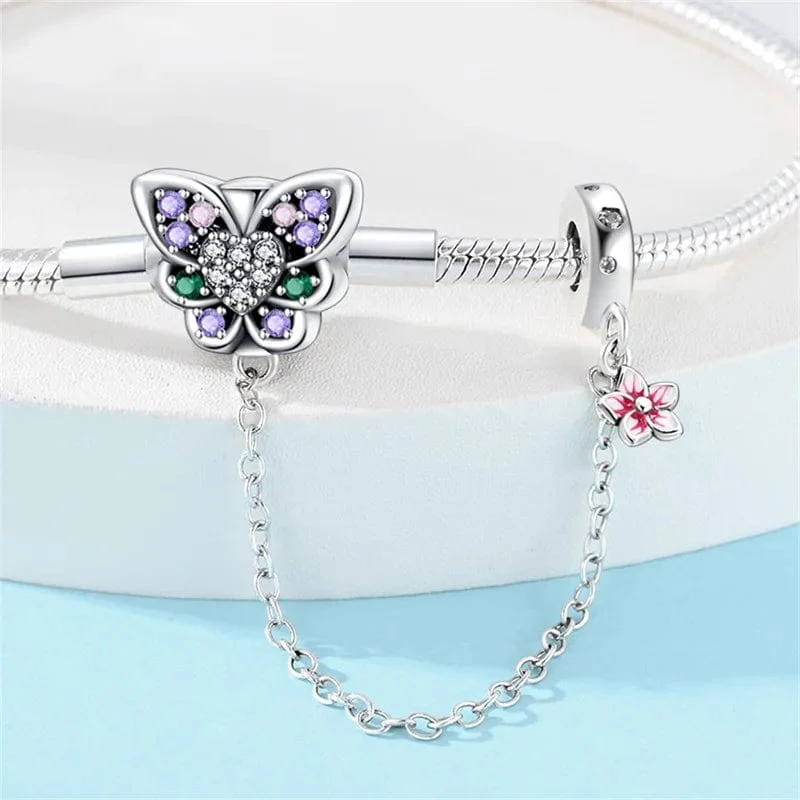 Butterfly Charm Bracelet with Crystal Accents and Flower Dangle