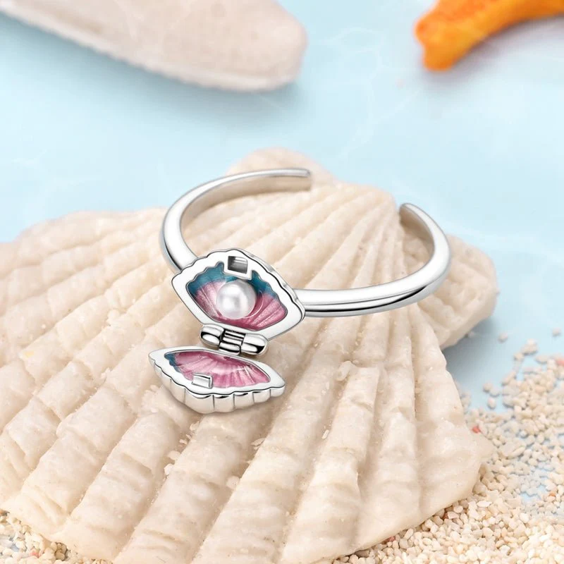 Pink & Blue Seashell Pearl Adjustable Ring