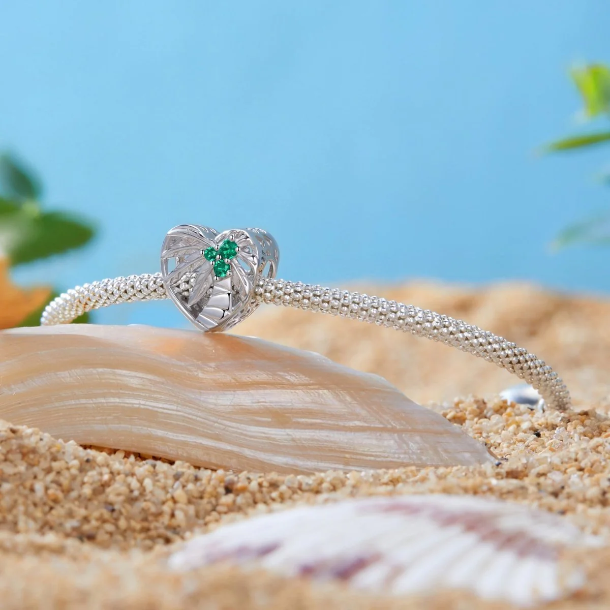 Heart-Shaped Palm Tree & Green Crystal Charm