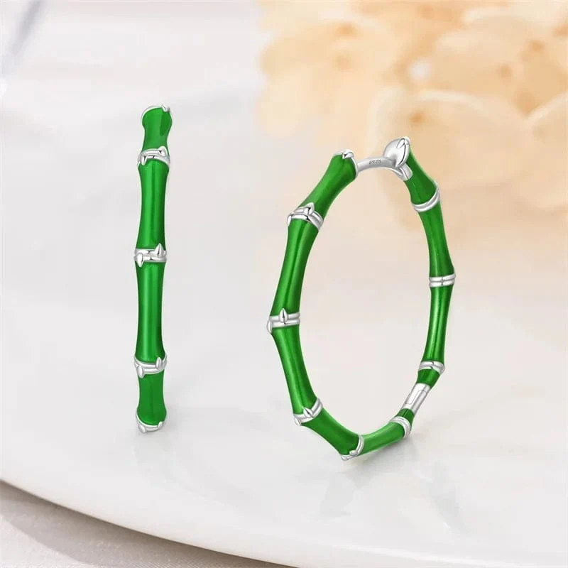 Green Bamboo Hoop Earrings