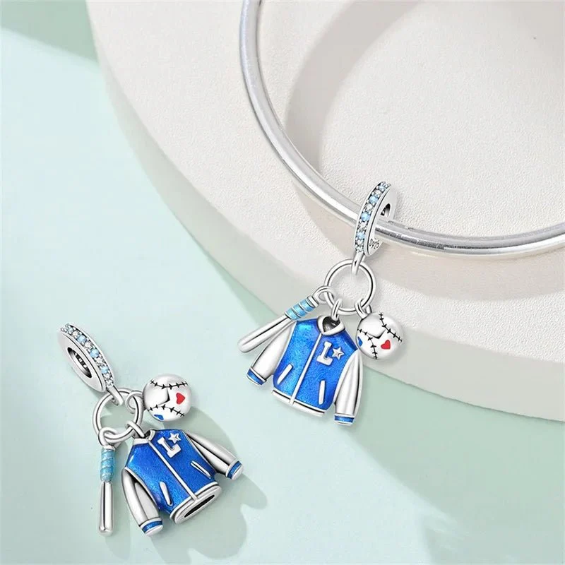 Blue Baseball Jacket, Bat & Ball Dangle Charm