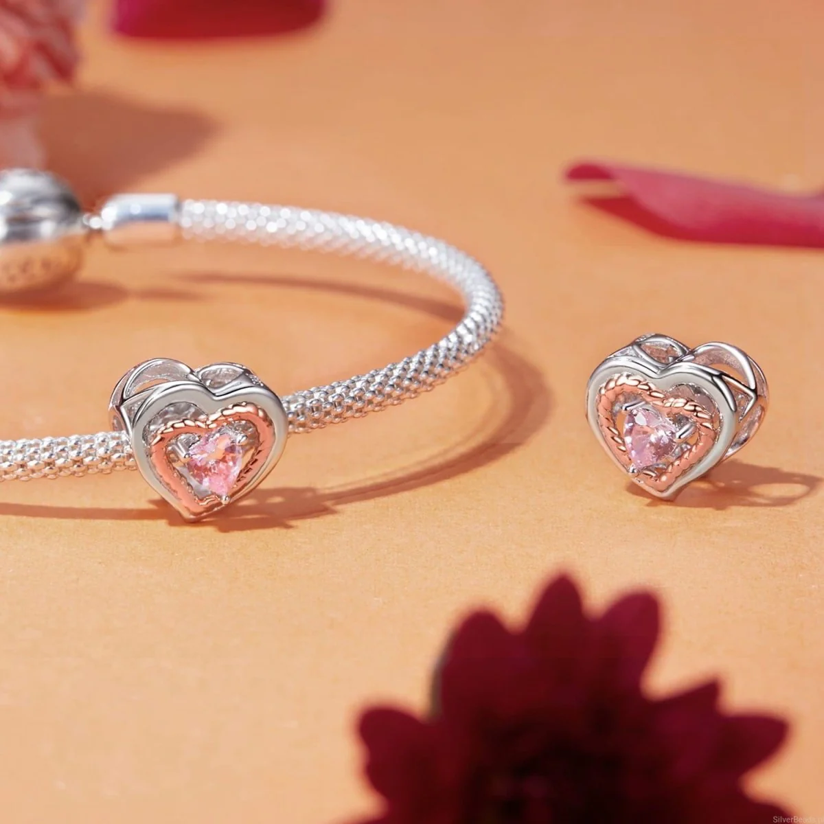 Intertwined Rose Gold & Silver Heart with Pink Crystal Heart Charm