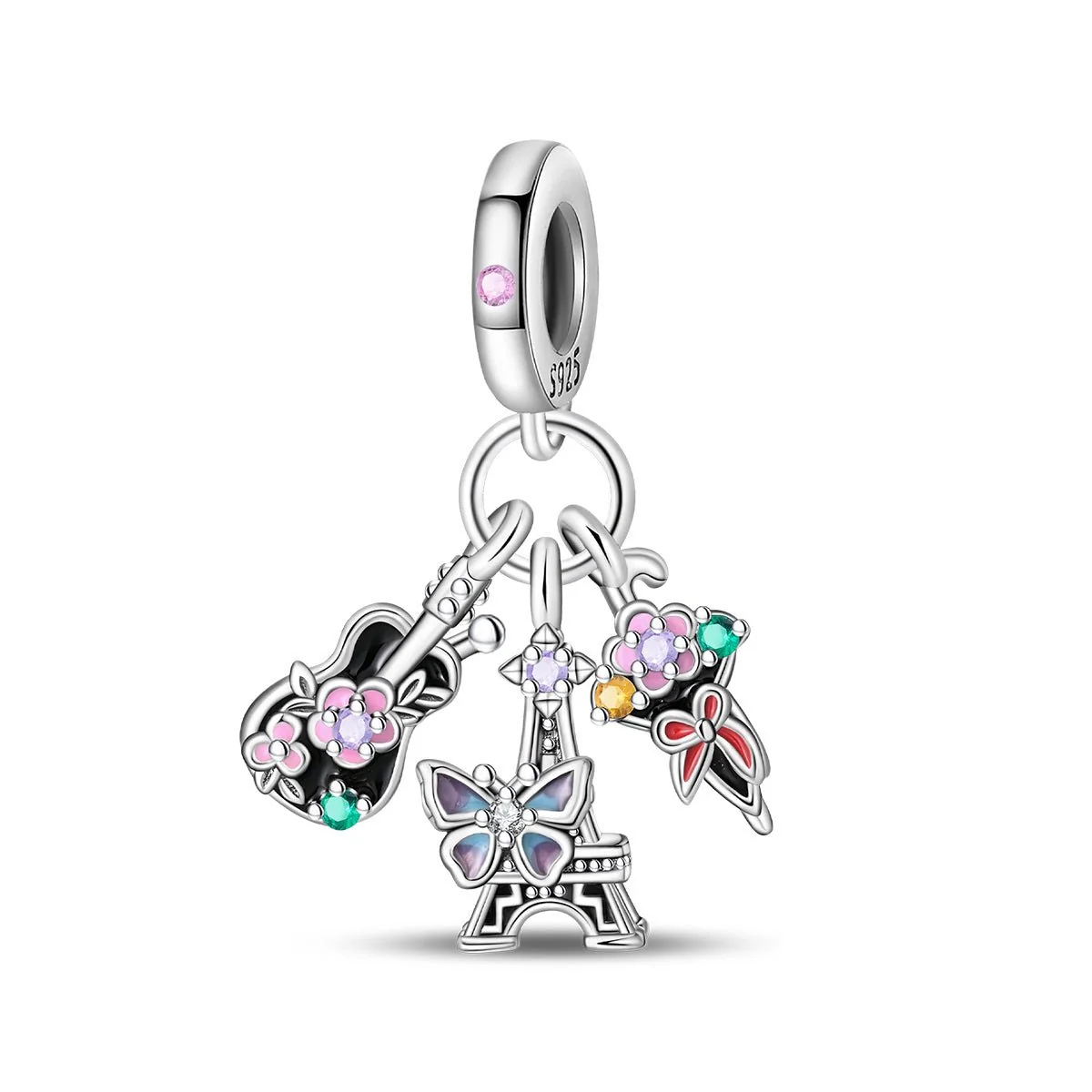 Parisian Guitar, Eiffel Tower, Butterfly, & Floral Ice Cream Triple Dangle Charm