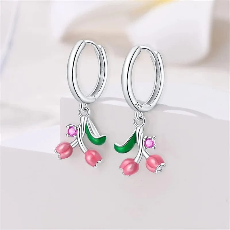 Pink Lily of the Valley Dangle Hoop Earrings