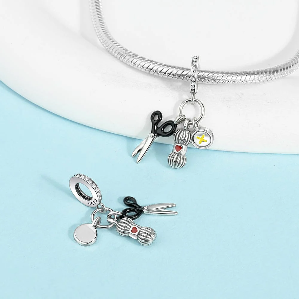 Sewing Lover's Charm with Scissor and Spool of Thread