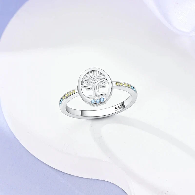 S925 Sterling Silver Tree of Life Ring with Blue and Yellow Accents