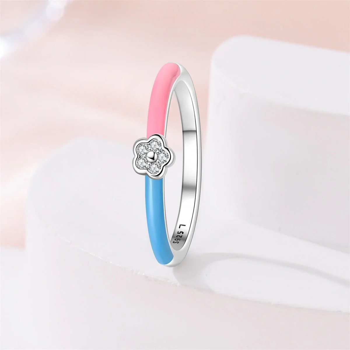 Pink & Blue Enamel Flower Ring