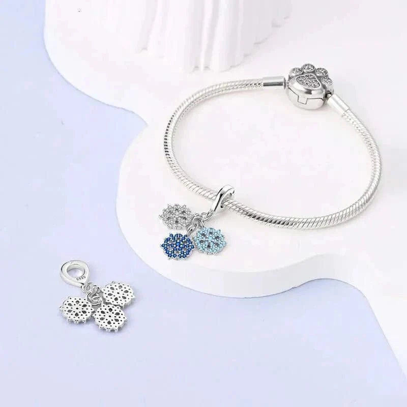 Triple Snowflake Charm with Sparkling Blue and White Crystals