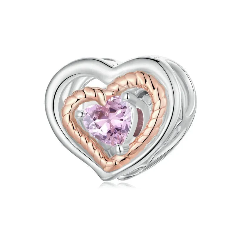 Intertwined Rose Gold & Silver Heart with Pink Crystal Heart Charm