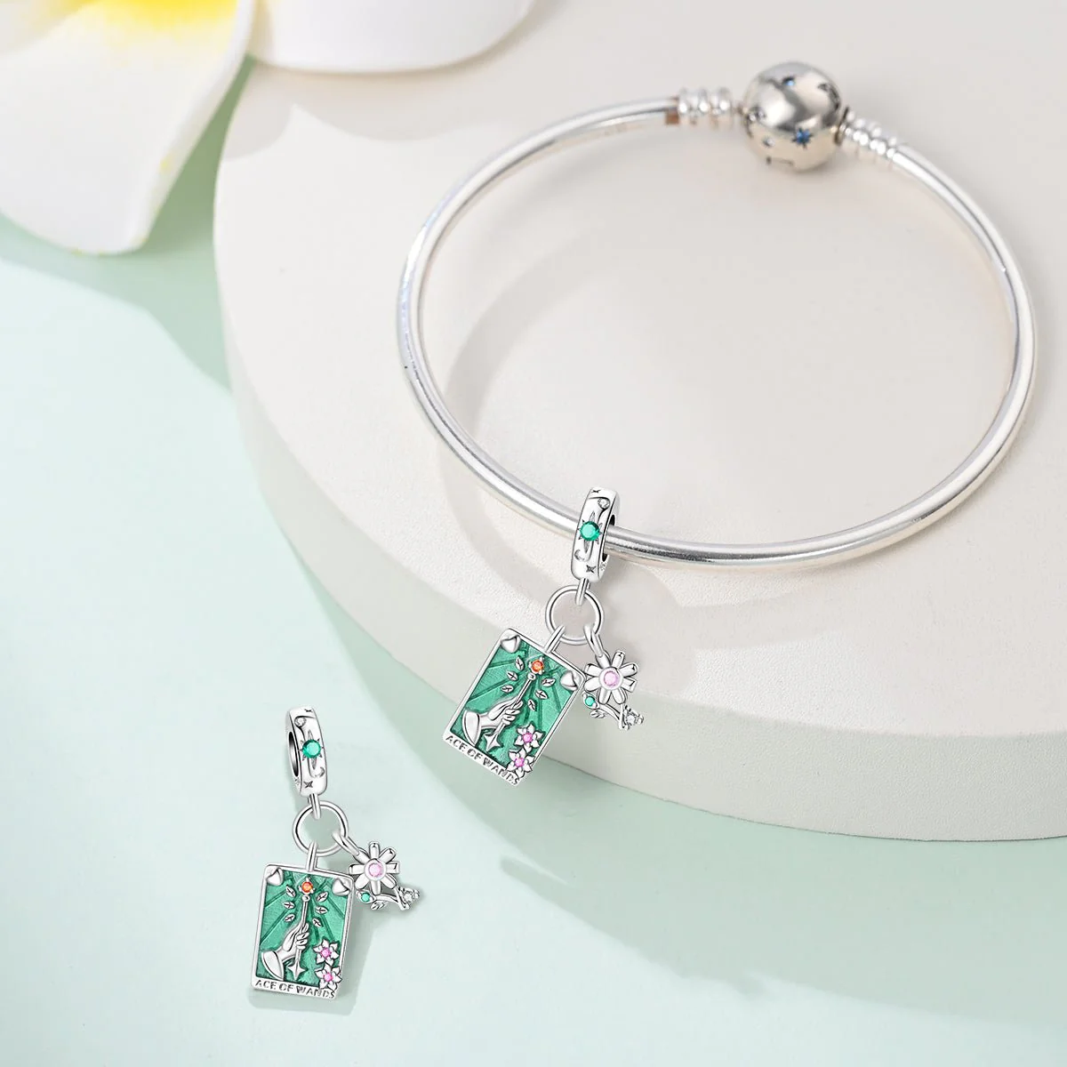 Ace of Wands Tarot & Flower Dangle Charm