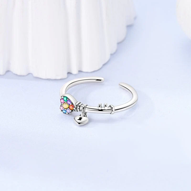 Rainbow Heart & Lock Sterling Silver Adjustable Ring