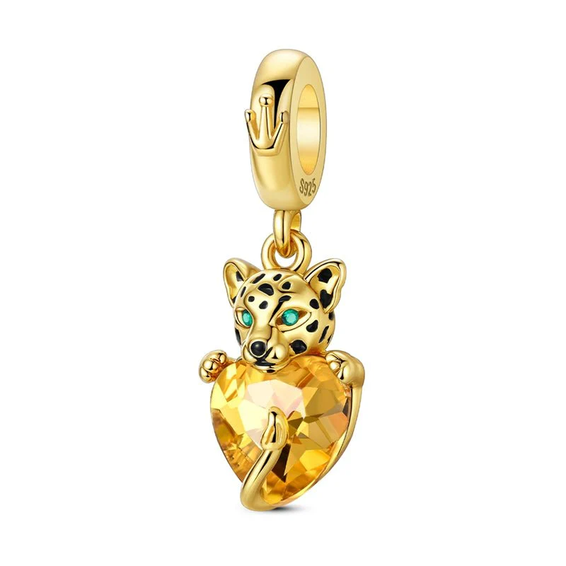 Golden Leopard with Yellow Heart Dangle Charm