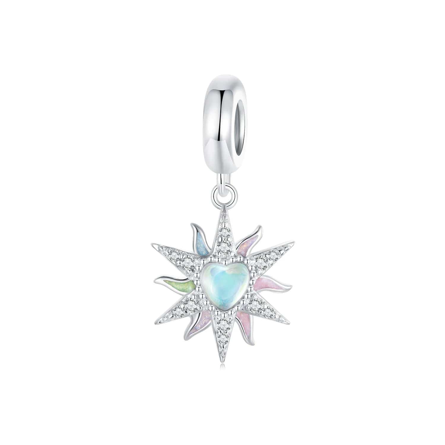 Radiant Sunburst with Opal Heart and Pastel Accents Dangle Charm