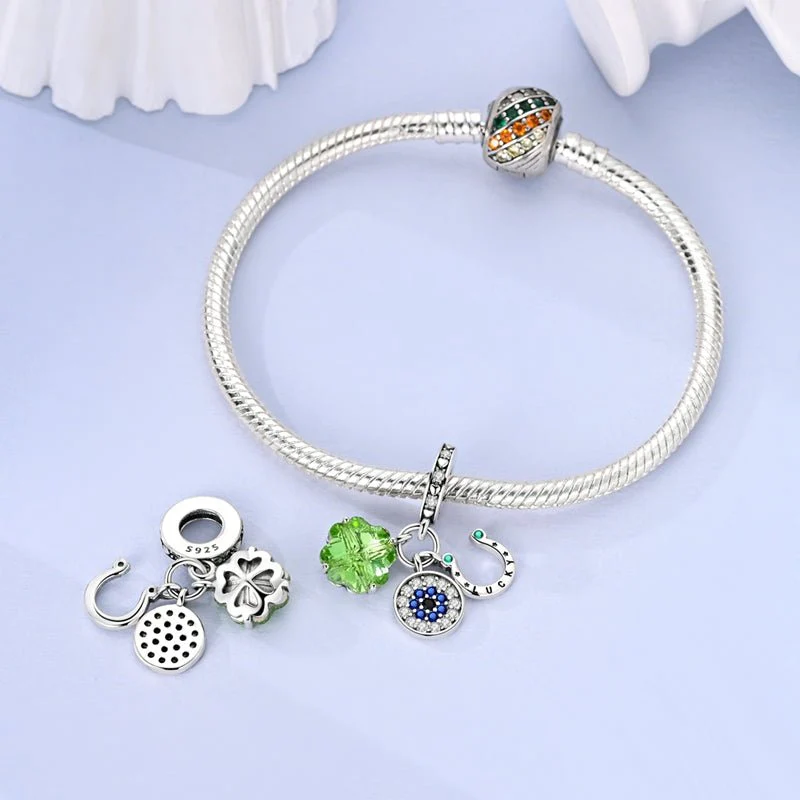 Lucky Clover, Evil Eye & Horseshoe Triple Dangle Charm