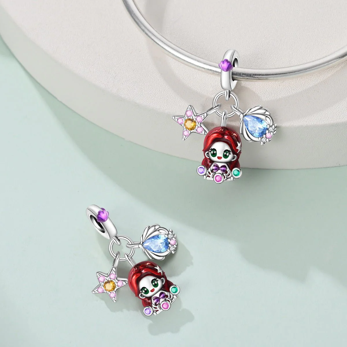 Ariel with Red Hair, Starfish, & Seashell Dangle Charm