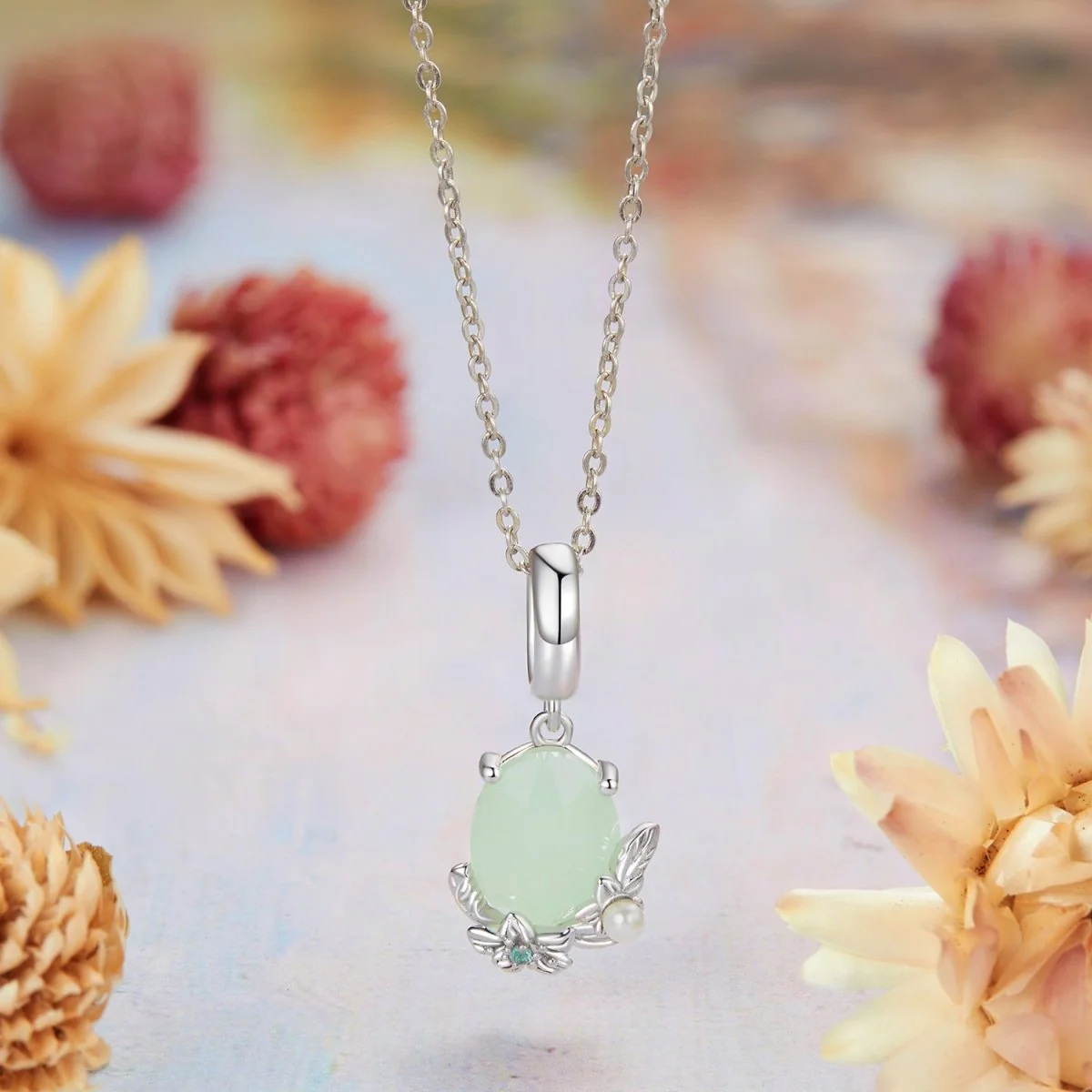 Green Gem & Floral Dangle Charm