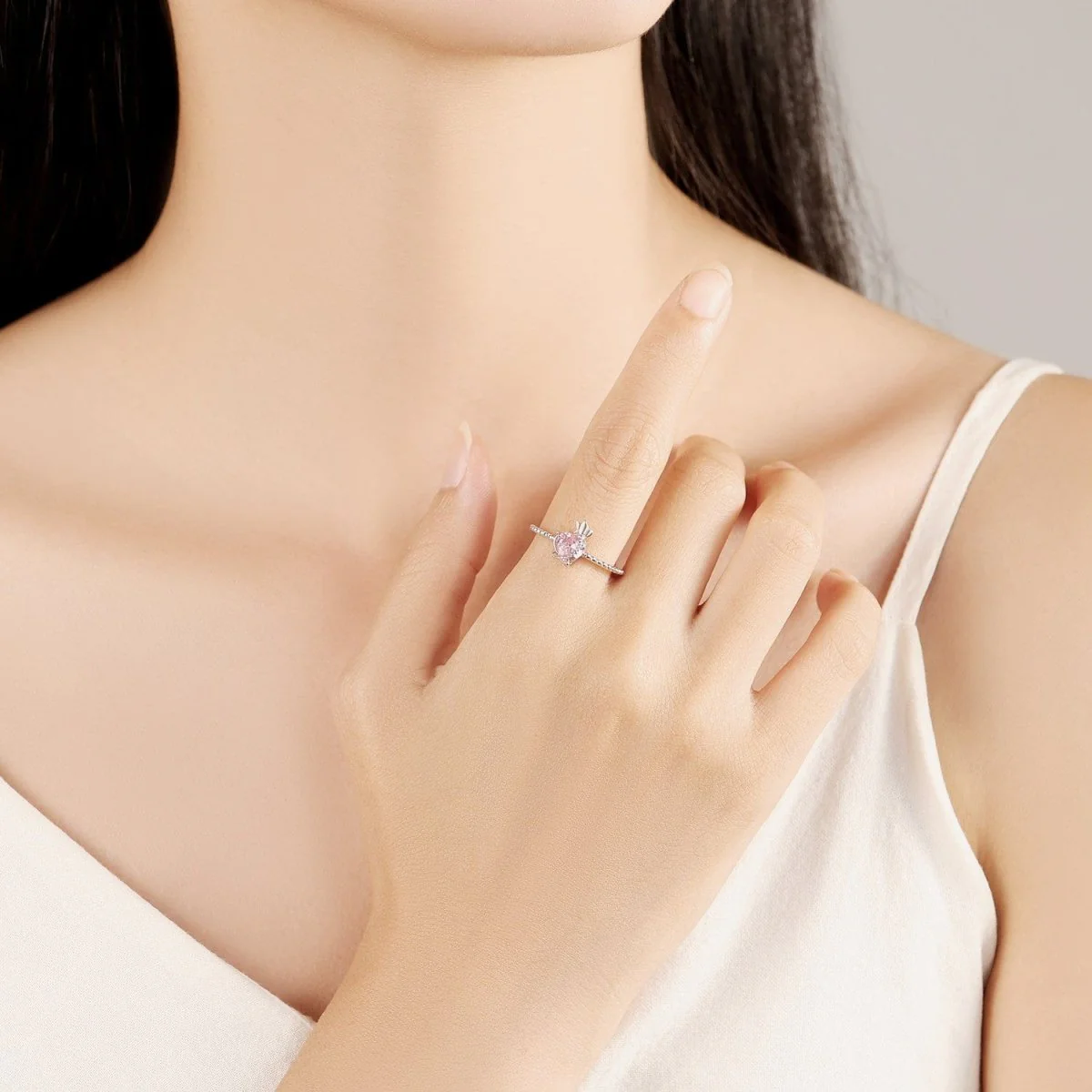 Pink Sparkle Heart-Embrace Adjustable Ring