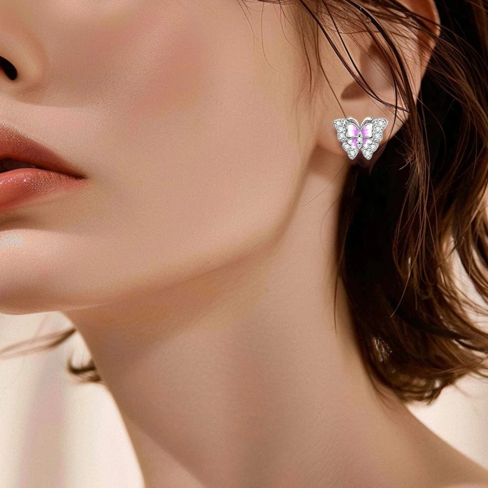 Pink Enamel Butterfly Stud Earrings with Crystal Accents