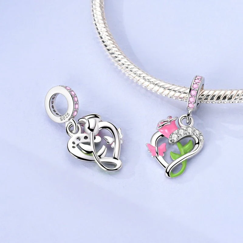 Blooming Rose & Butterfly Heart Dangle Charm