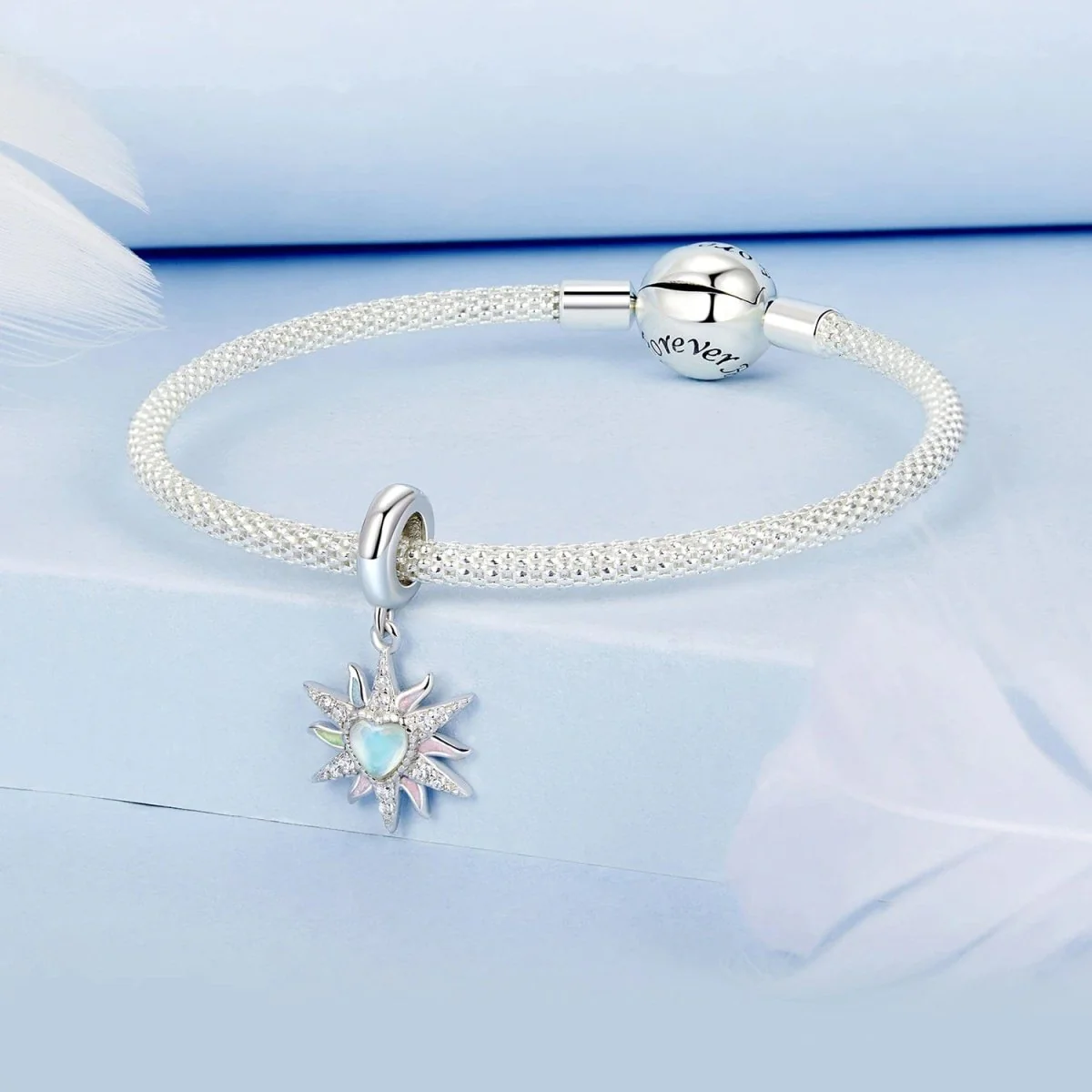 Radiant Sunburst with Opal Heart and Pastel Accents Dangle Charm