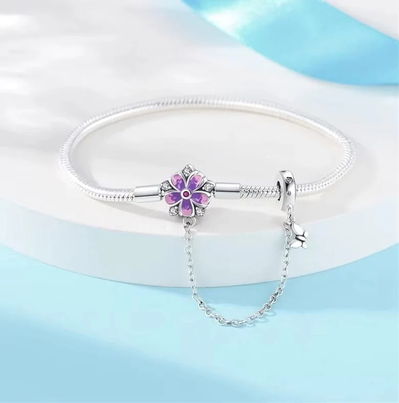 Purple Flower Charm Bracelet with Butterfly Dangle and Safety Chain