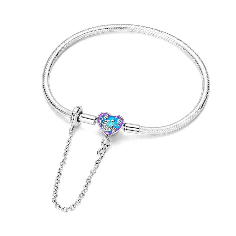 Starry Night Heart Charm Bracelet with Safety Chain